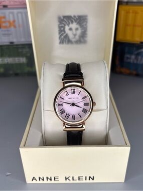 Anne Klein Rose-Gold Case Pink Dial Black Leather Strap Watch